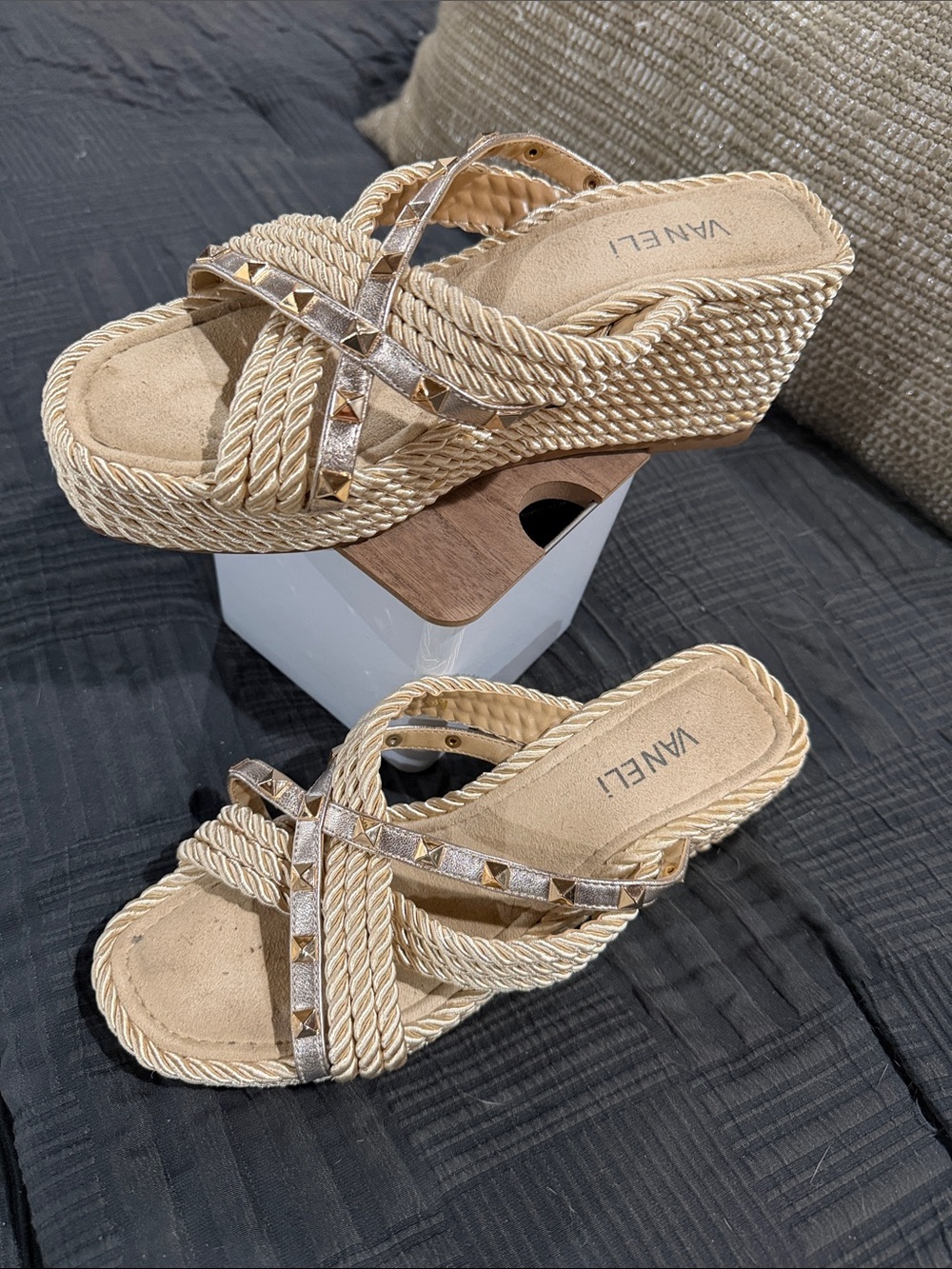 Vaneli Metallic Gold Braided Rope Wedge Sandals
